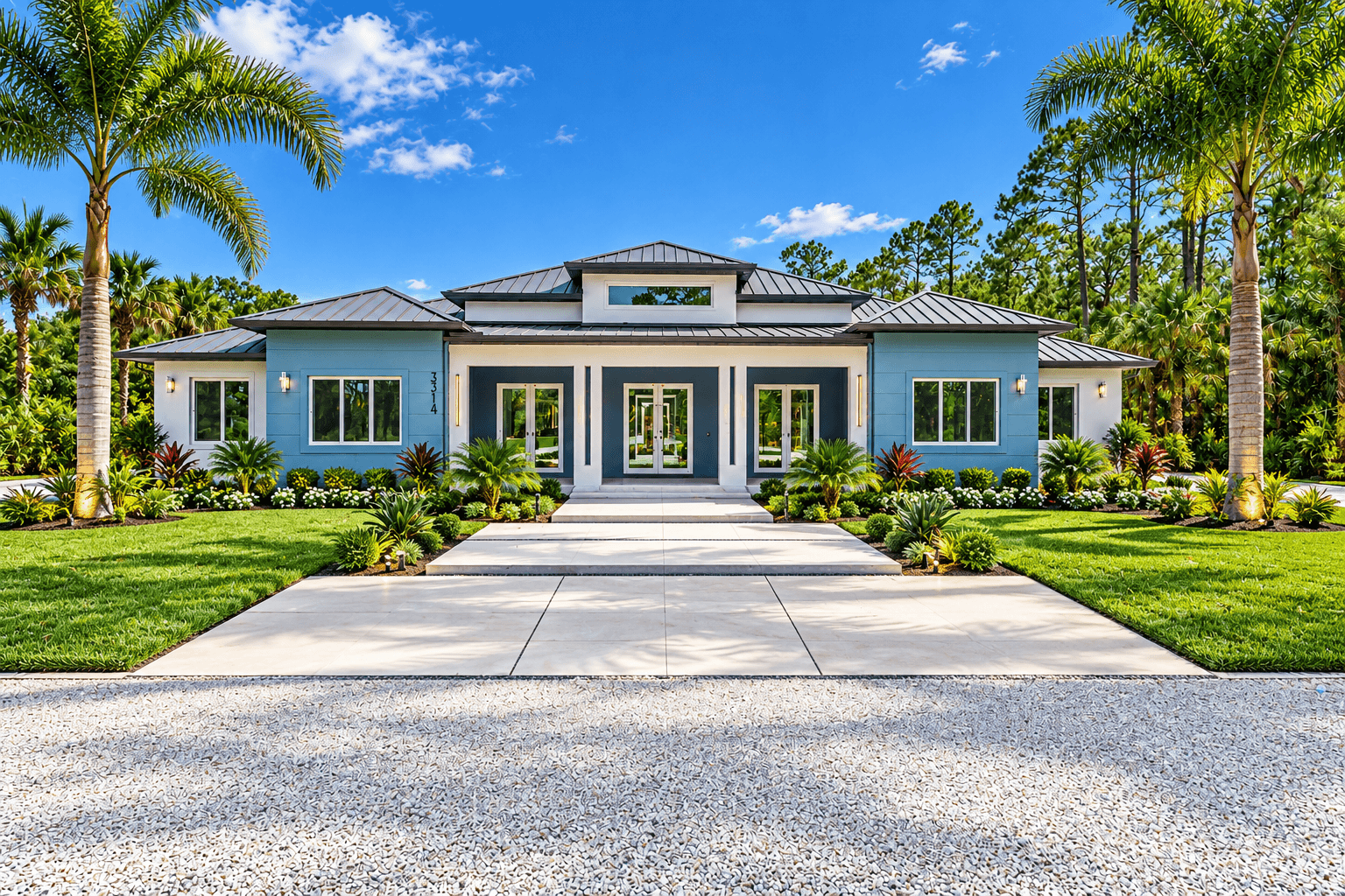 Single-story residence with a metal roof, covered front entrance and palm-lined landscaping