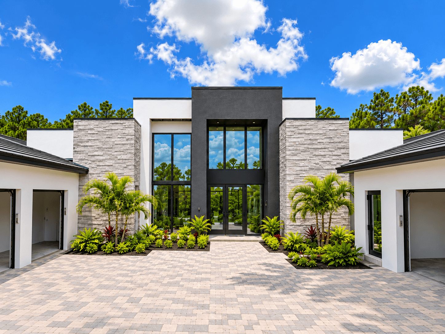 Front entrance with tall black-framed glazing, stone walls and tropical landscaping