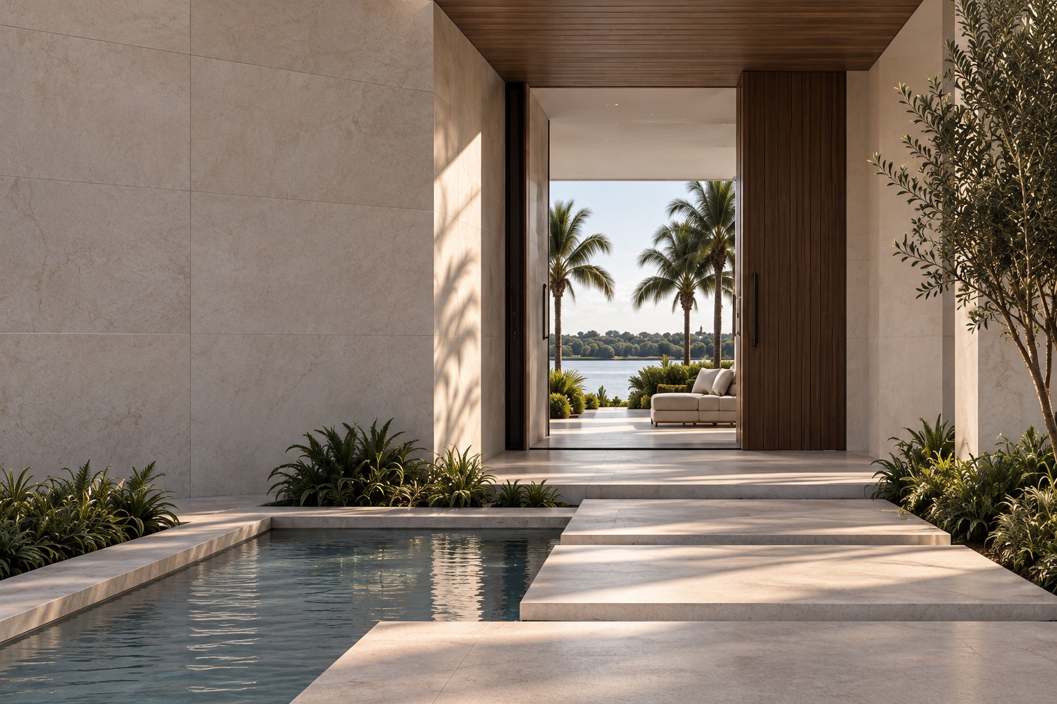 Concept rendering of a shaded limestone entrance with a walnut door, reflecting pool and lake beyond