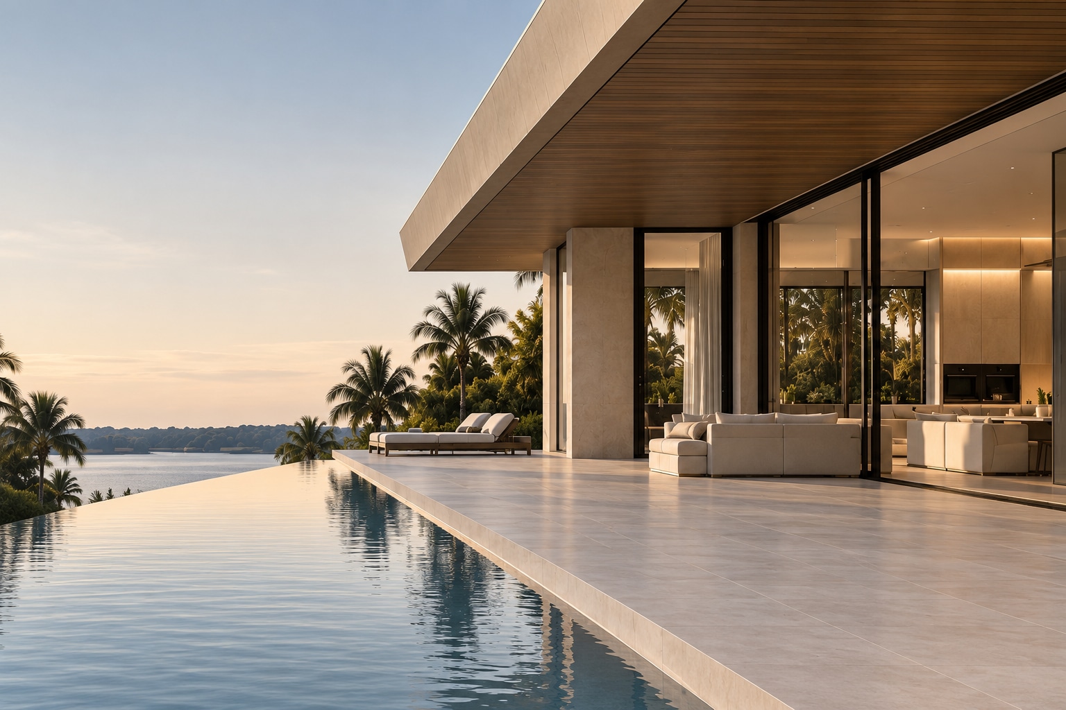 Concept rendering of a neutral limestone waterfront terrace with an infinity pool and deep walnut roof