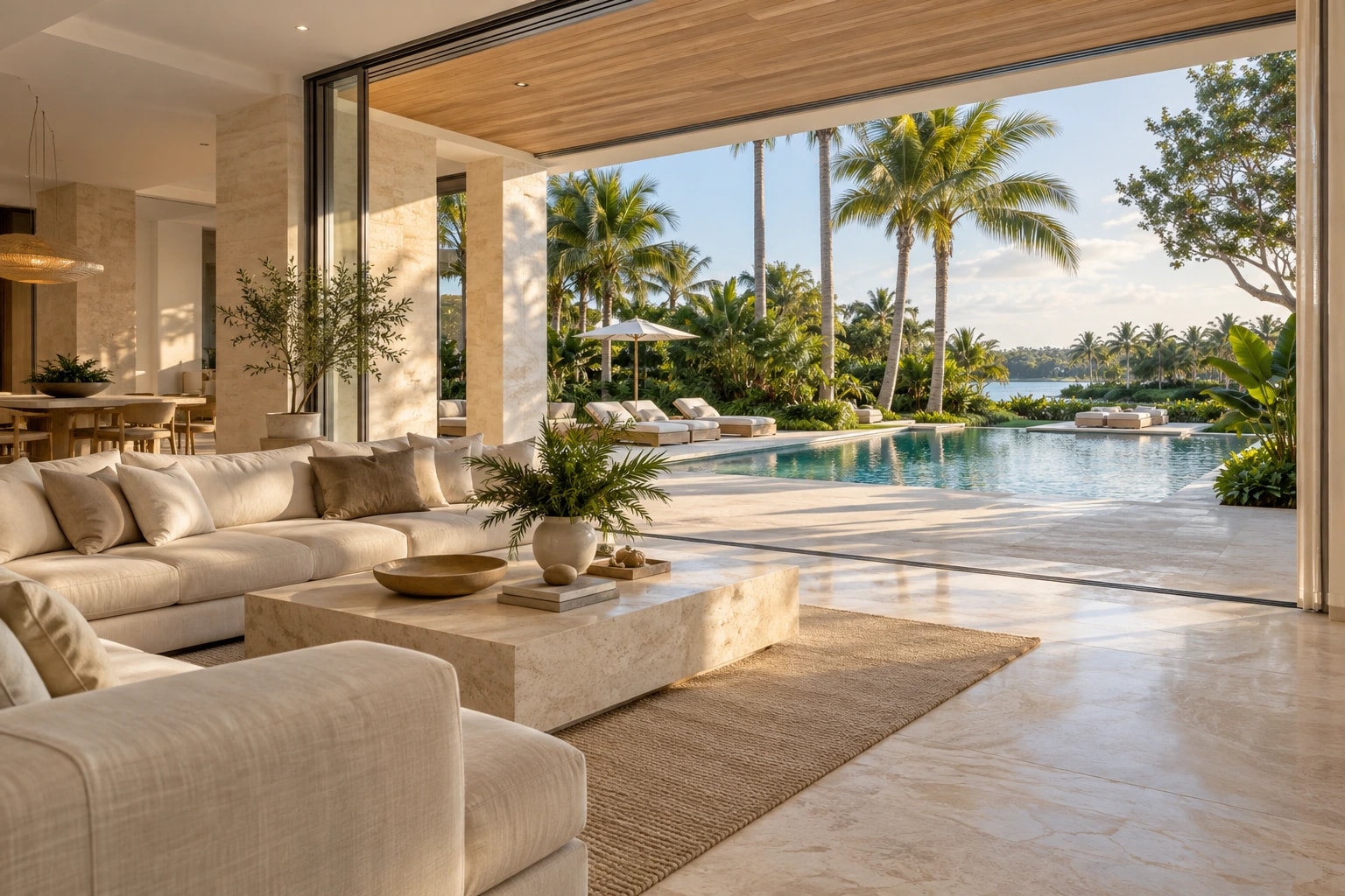 Concept rendering of an indoor-outdoor living room opening onto a pool
