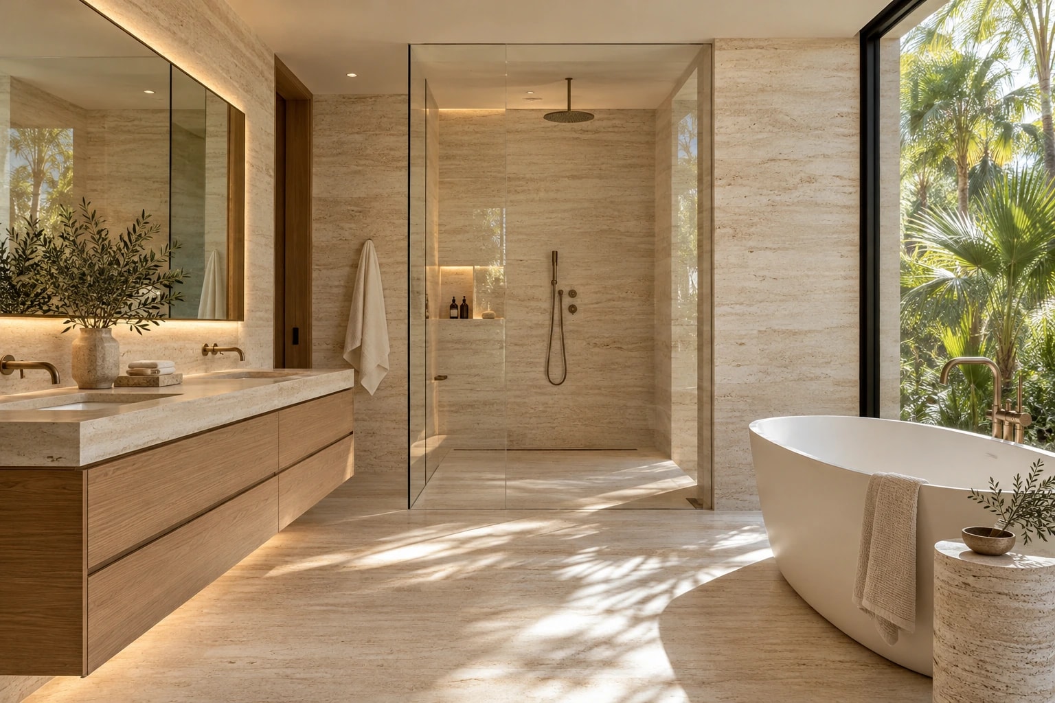 Illustrative travertine bathroom with a floating vanity and freestanding tub