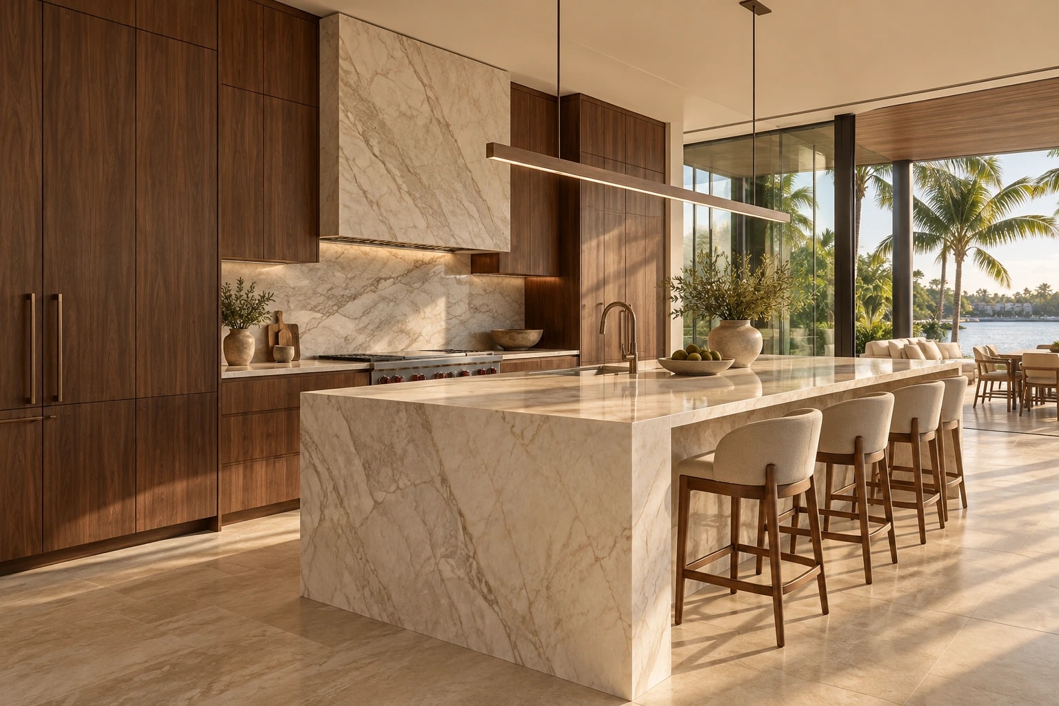 Illustrative luxury kitchen with a marble island; not a completed Prado renovation